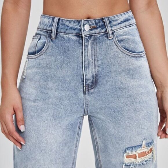 NEW! Ripped Distressed Boyfriend Jeans Light Blue Washed Grunge Torn High Waist - Picture 3 of 7